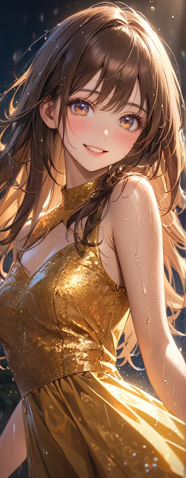 Straight Hair、Brown Hair,((Highly detailed golden sexy dress)), Looks about ************, (beautiful girl: 1.3),1girl,Highest quality,8k,Highly detailed CG unit wallpaper,masterpiece:1.2,Highest quality,Ultra-high resolution,RAW Photos,Realistic textured skin,Cinema Lighting,happy,Big Eyes,Detailed eyes,Wet,Wet,Watery eyes,weak,(Beautiful glossy lipstick,Perfect Makeup,Ultra-high definition beauty face,(peace sign)),Blue sweatpants:1.3), (The jacket is a blue track jacket..: 1.3), Rear view,flower field、from below,(looking down, watching at Viewer),((Big, round and beautifully shaped butt))