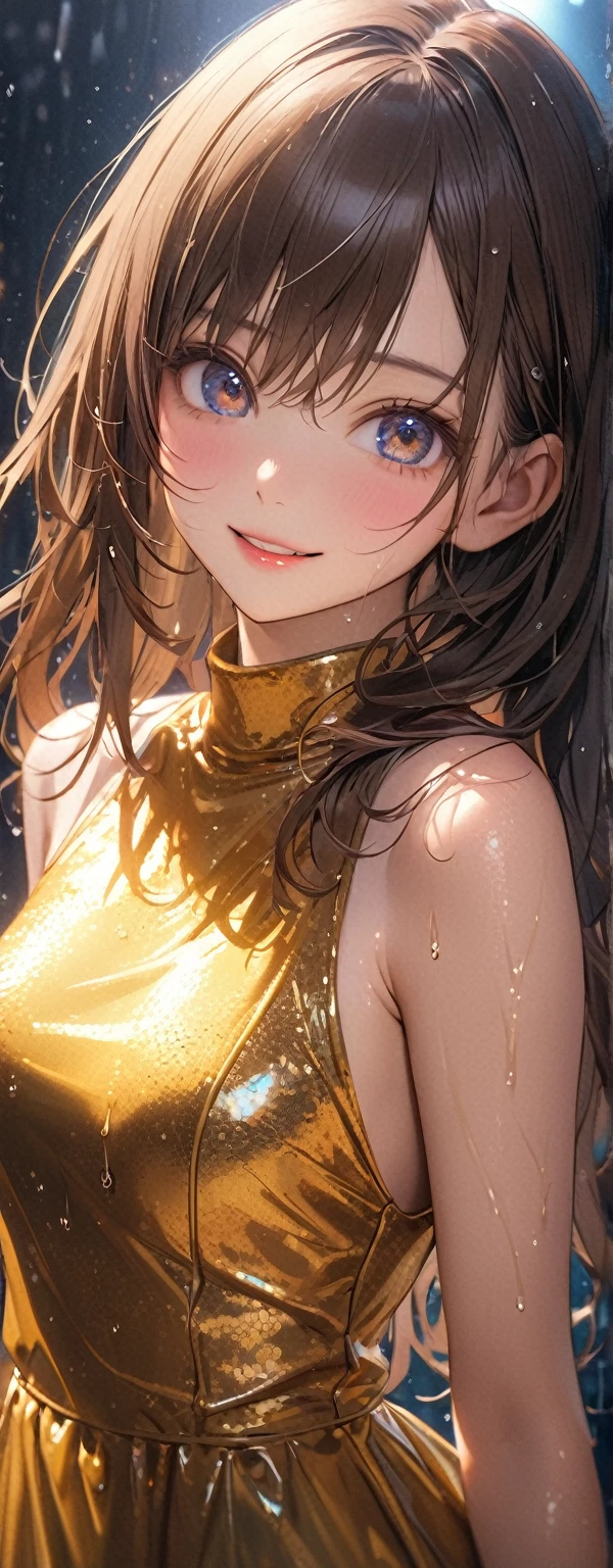 Straight Hair、Brown Hair,((Highly detailed golden sexy dress)), Looks about , (beautiful girl: 1.3),1girl,Highest quality,8k,Highly detailed CG unit wallpaper,masterpiece:1.2,Highest quality,Ultra-high resolution,RAW Photos,Realistic textured skin,Cinema Lighting,happy,Big Eyes,Detailed eyes,Wet,Wet,Watery eyes,weak,(Beautiful glossy lipstick,Perfect Makeup,Ultra-high definition beauty face,(peace sign)),Blue sweatpants:1.3), (The jacket is a blue track jacket..: 1.3), Rear view,flower field、from below,(looking down, watching at Viewer),((Big, round and beautifully shaped butt))