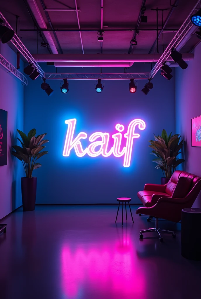 Create a YouTube studio background with a modern and sek design. In the center of the background, display the name 'kaif' in bright neon lights with correct spelling. The neon lights should be in a vibrant color, such as electric blue or neon pink. Surround the neon text with subtle, complementary lighting and decor that enhances the studio aesthetic. The overall ambiance should be stylish, professional, and inviting, perfect for a YouTube content creator's studio.