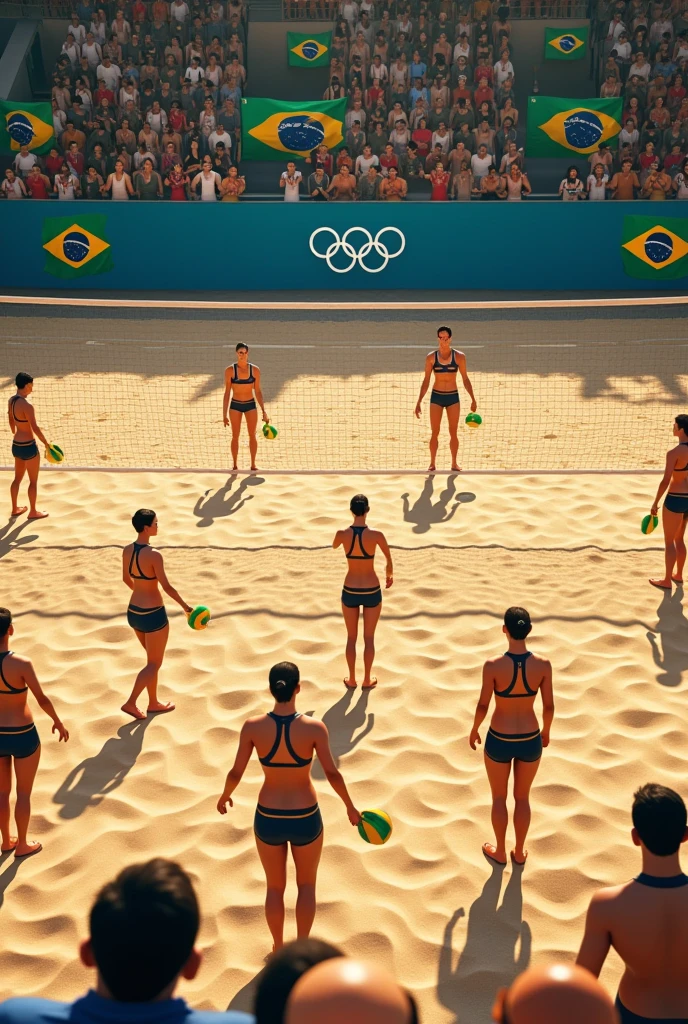 A beach volleyball court without any balls, with two people on each side, each holding a colorful wooden racket, perspective from above, packed audience with Brazilian flags, olympics symbol background