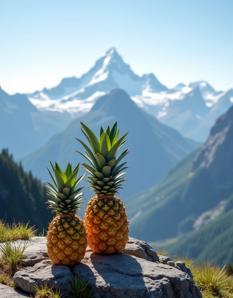 wonderful little pineapples on the plateau of the peak, against the background of snowy mountains