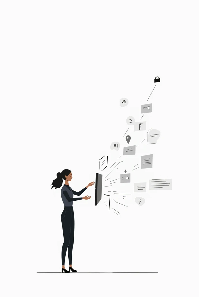 A woman draws in a simple way with a minimalist approach and white background, but divided into parts, to then use it as a vector, logging into a computer with MFA windows