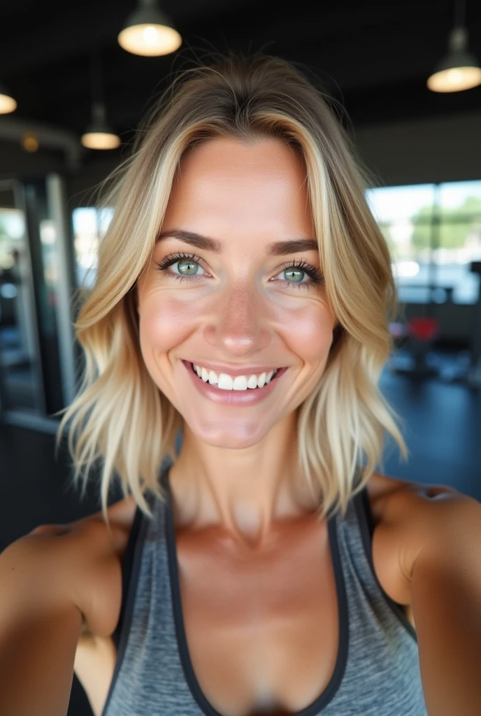 Blonde woman 40 years old with natural makeup selfie natural at the gym