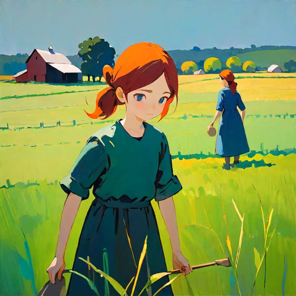Girl working on farm, Amy Earls, abstract expressionism, dark, gesture, Whimsical、Deformation、