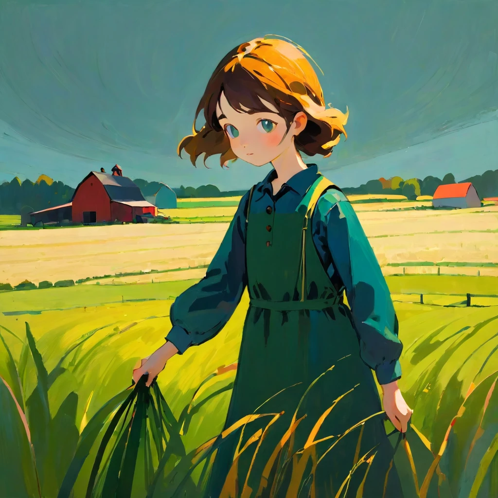 Girl working on farm, Amy Earls, abstract expressionism, dark, gesture, Whimsical、Deformation、