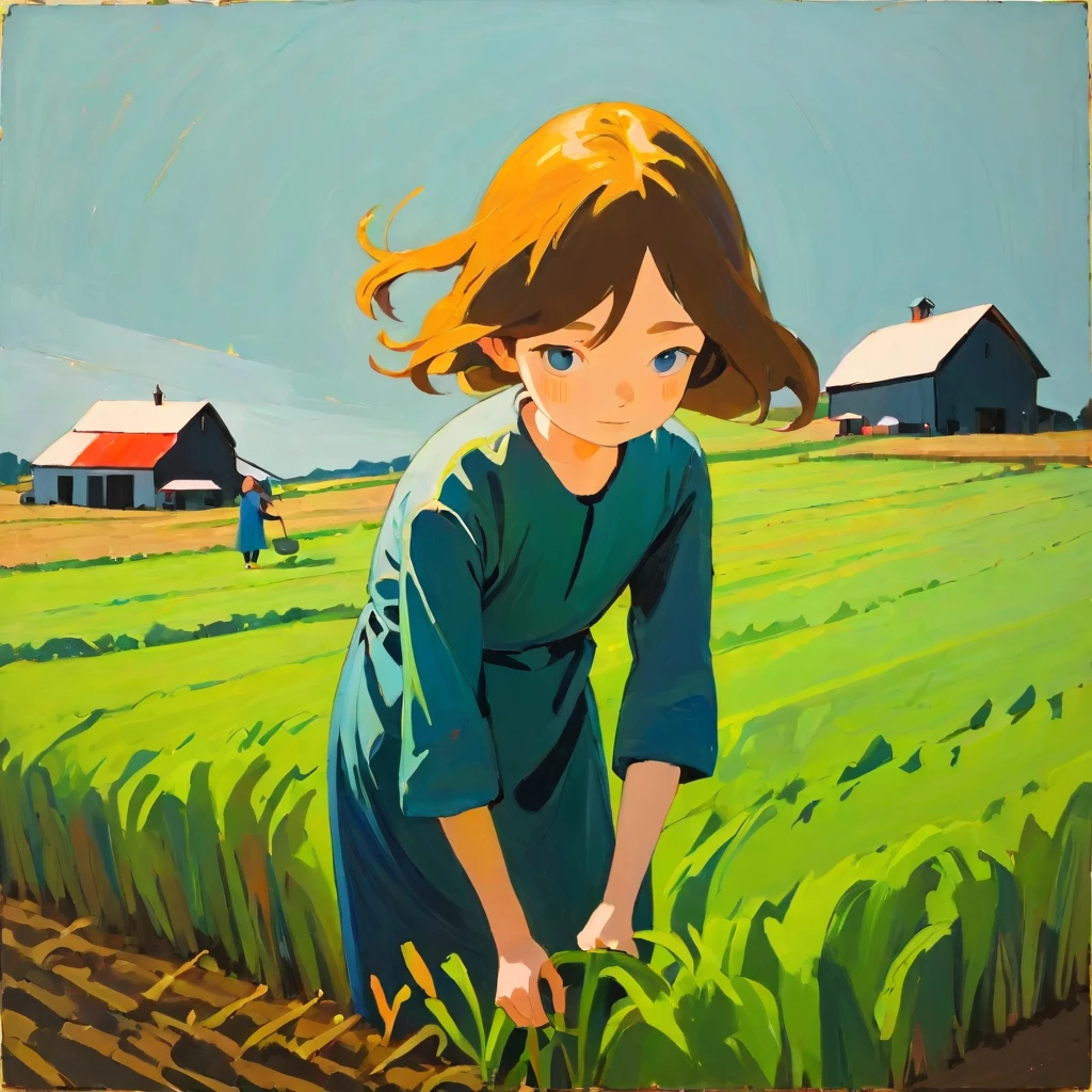 Girl working on farm, Amy Earls, abstract expressionism, dark, gesture, Whimsical、Deformation、