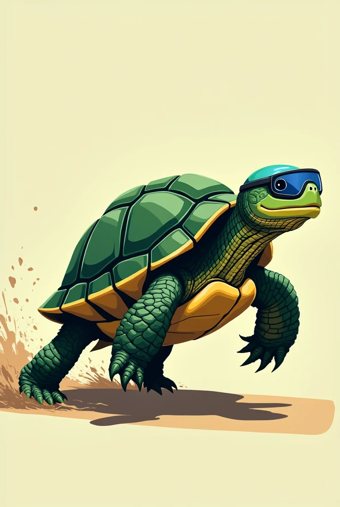 create me a digital style illustration of a speeding turtle profile by replacing the turtle's feet with sports wheels, showing determination, the turtle must be in green and yellow tones, the carapace should be in shades of green and dark green, the turtle must have a sky blue helmet and sports glasses