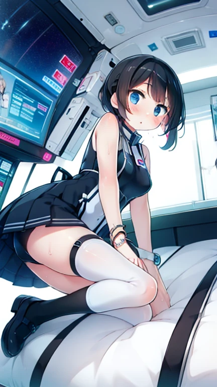 (Highest quality), (masterpiece), 1080P, High resolution, 4K, 8k, Inside the space station、Futuristic room、Thigh straps, Shooting from directly below, The woman on top of me, 白いSweat, Covered , Sweat, Woman looking down, Skirt swimsuit, Thigh-high socks, To achieve this, 16 years old, , whole body, Black leather shoes, Braided hair, Inner Color, Embarrassed face, Short black hair, bracelet, Bedroom,celestial body_Vest