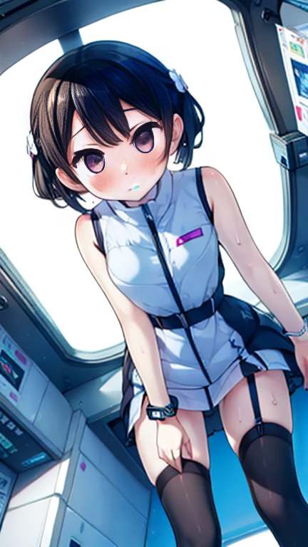 (Highest quality), (masterpiece), 1080P, High resolution, 4K, 8k, Inside the space station、Futuristic room、Thigh straps, Shooting from directly below, The woman on top of me, 白いSweat, Covered , Sweat, Woman looking down, Skirt swimsuit, Thigh-high socks, To achieve this, 16 years old, , whole body, Black leather shoes, Braided hair, Inner Color, Embarrassed face, Short black hair, bracelet, Bedroom,celestial body_Vest