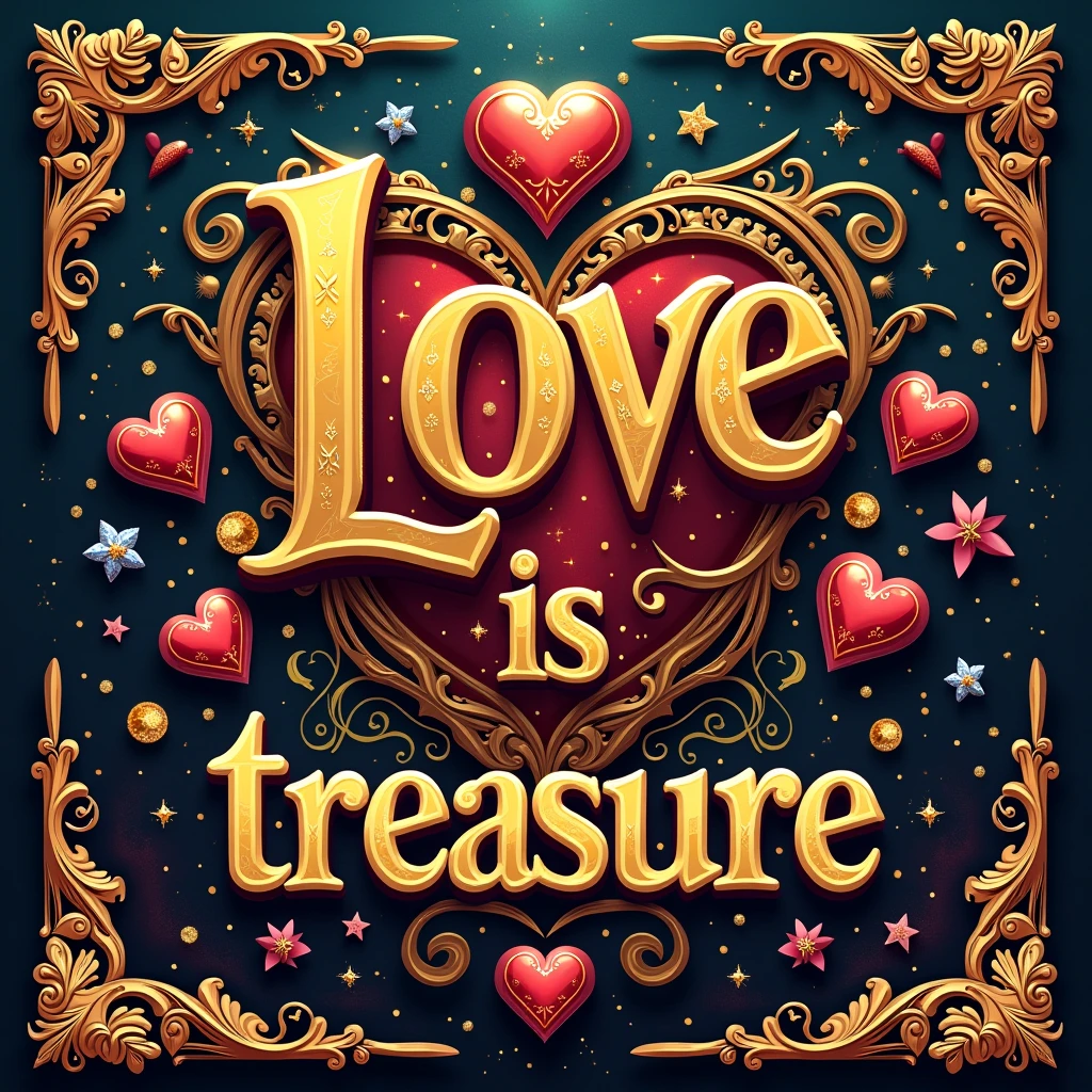 Typography Poster design, text "Love is treasure", treasure theme, masterpiece, best quality, ultra-detailed, intricate, vivid colors