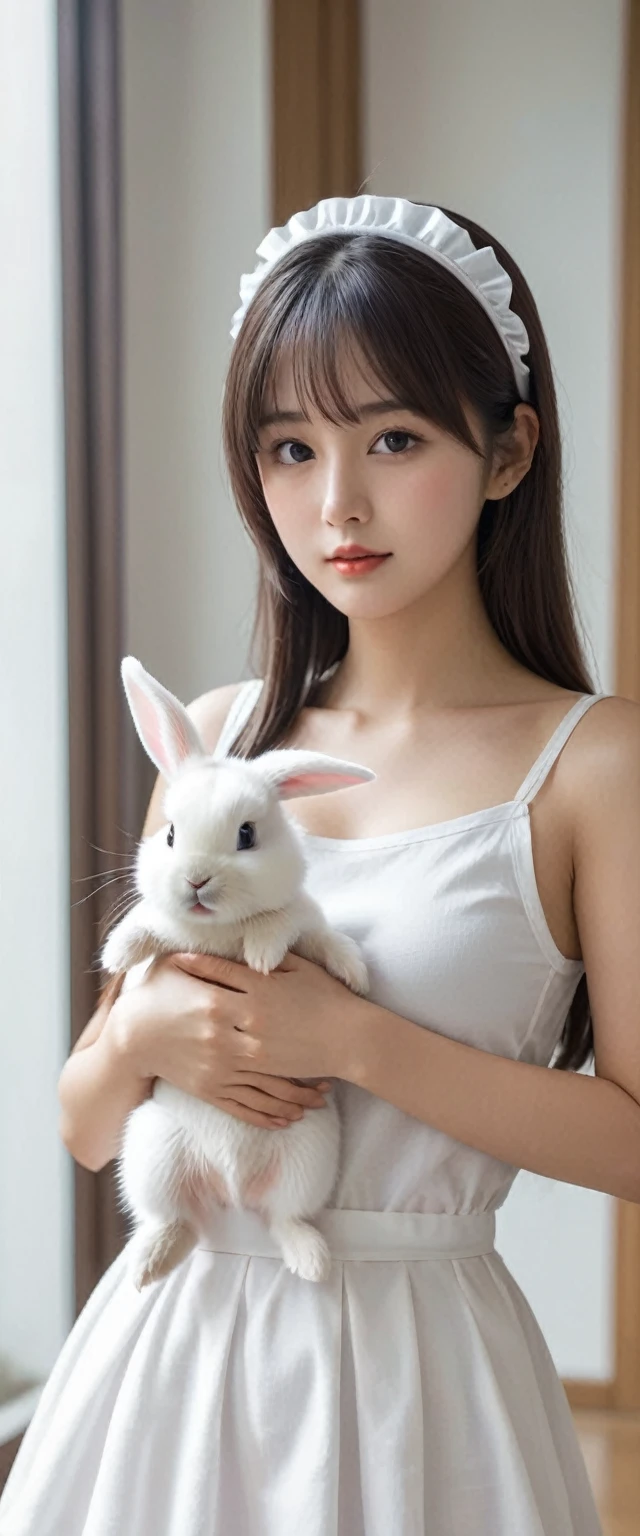 ((nsfw)),(8k, RAW photo, best quality, masterpiece),High detail RAW color photo, professional photograph,(realistic, photo realistic), (best quality),((a girl and a very little baby dog of Golden Retriever)),((the girl is a very beautiful and very cute maid)),(The girl is breastfeeding to the dog with the girl's own breastmilk),(the girl is ),((the girl is completely naked and completely unclad)),((the girl is sitting on a chair in a living room and holding the dog to the girl's chest)),((the girl has abnormal extra ultra huge boobs:1.98)),((the girl's each boob is more than the nineth times size of the girl's head:1.98)),(the girl has a thin baby girl body shape except for her breasts),feminine,(the girl is baby face),(the girl has small cute face), (big double eyelid eyes),(small cute nose), ((slim waist)),((small hip)),(looking at viewer),(detailed maid:1.2),((the girl is wearing a frilly very small white semicircular waist apron only)),((the girl is wearing the katyusha with the ears of a white bunny girl on the girl's head)), mushroom cut hair style, smooth brown hair,((bangs)), smooth skins, (no clothing), (the girl is not wearing a bra:1.68), (no manicure), (no maked up), (no accessary),(the girl's each boob is exposed on full),(the girl's nipples are exposed),