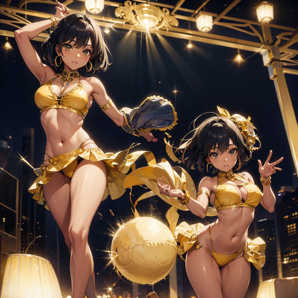 Beautiful young African American woman dancing In the pale moonlight. Wearing a roce-gold bikini
