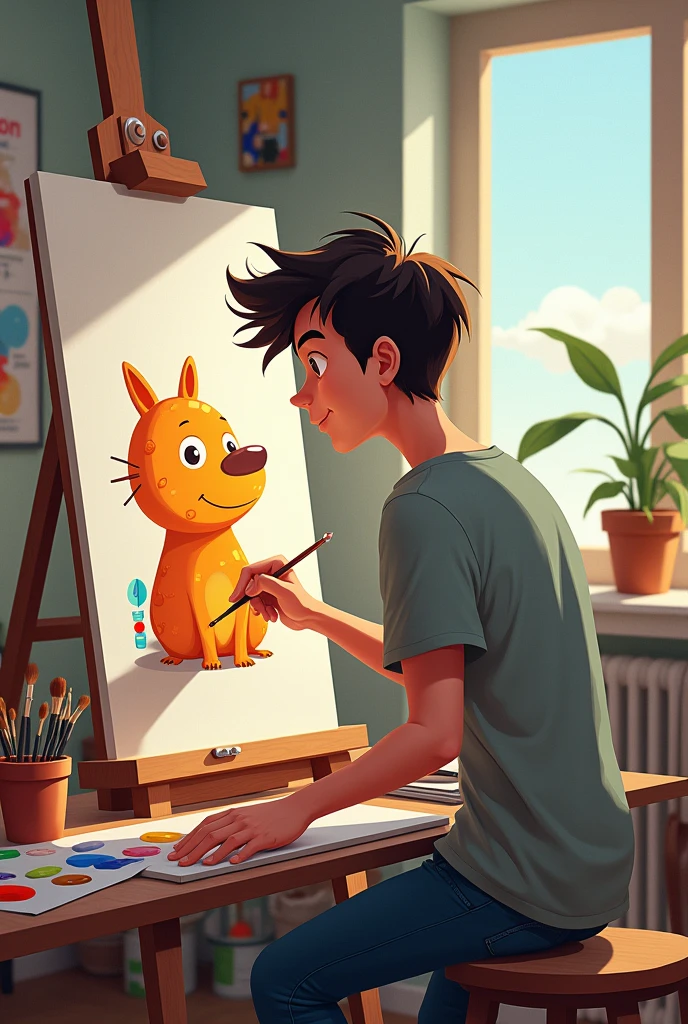 A male painter is drawing on canvas and thinking something cartoon image