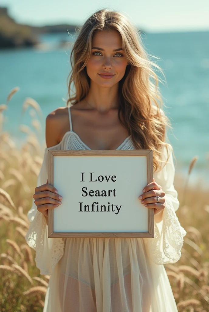 Beautiful girl with wavy long hair, bohemian dress, holding a white board with text "I Love Seaart Infinity" and showing it to the viewer