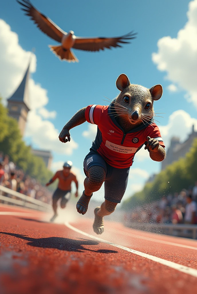 An armadillo athlete running in Paris 2024 with an old miner's helmet A lead puma chasing from behind An Andean condor in the air