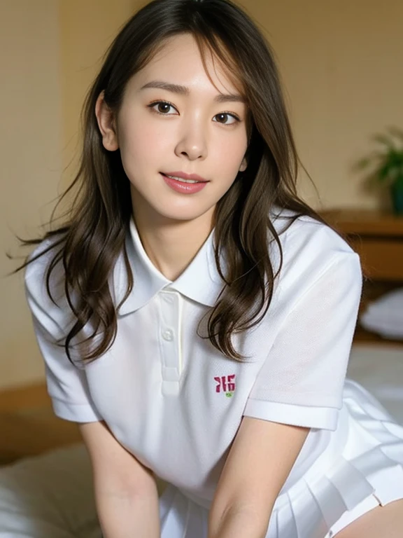 (Masterpiece, Best quality: 1.4), (Ultra realistic, Photo-realistic: 1.2), Full body, (kneeling: 1.3), Looking at viewer, Natural light, 28 years old actress, Japanese women, (arms behind back: 1.2), Neat and clean, ((Wearing white tennis uniform, White short-sleeve polo shirt with collar:1.2)), (unbutton:1.3), ((Wearing White tennis pleated skirt:1.2)), Wearing white sock, (ponytail: 1.2), Light brown hair color, (Beautiful Face), Oval face, clear, (Beautiful eyes, Kind eyes), (Clear skin), Small face, (Small mouth, Beautiful mouth), Natural makeup, Approachable, Hotel Suite room, On bed, (nsfw:1.1), Seductive smile, Seductive pose, Beautiful thighs, Touch pussy, Bedroom eyes, Spread legs,