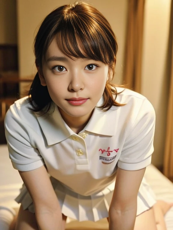 (Masterpiece, Best quality: 1.4), (Ultra realistic, Photo-realistic: 1.2), Full body, (kneeling: 1.3), Looking at viewer, Natural light, 28 years old actress, Japanese women, (arms behind back: 1.2), Neat and clean, ((Wearing white tennis uniform, White short-sleeve polo shirt with collar:1.2)), (unbutton:1.3), ((Wearing White tennis pleated skirt:1.2)), Wearing white sock, (ponytail: 1.2), Light brown hair color, (Beautiful Face), Oval face, clear, (Beautiful eyes, Kind eyes), (Clear skin), Small face, (Small mouth, Beautiful mouth), Natural makeup, Approachable, Hotel Suite room, On bed, (nsfw:1.1), Seductive smile, Seductive pose, Beautiful thighs, Touch pussy, Bedroom eyes, Spread legs,