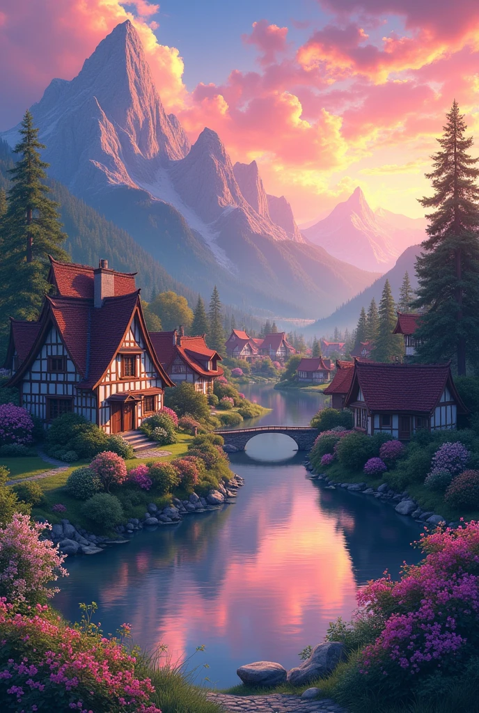a small village by the river, mountains in the background, floral flowers colorful, detailed landscape, Beautiful natural landscapes, atmospheric lighting, scorching sunset, warm colours, practical, photopractical, Detailed Foliage, complex buildings, cobblestone street, Charming country house, swirly vibrant colors, lush vegetation, Still water reflections, Picturesque, idyllic, work of art, best qualityer, 8k, extremely detaild,anime styling