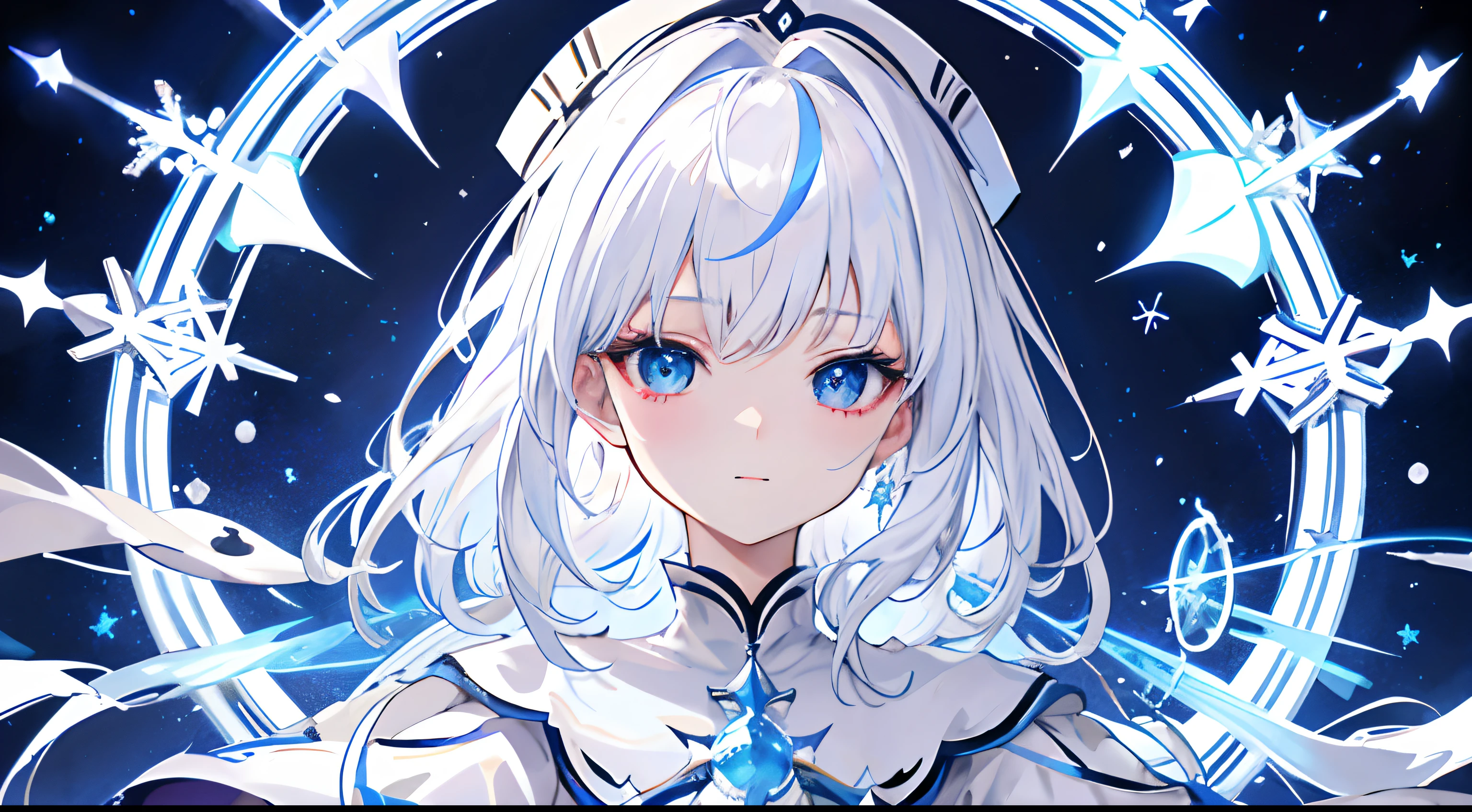 White-haired, White costume, Wizard Anime Characters, Wizard Detail Art,Sorcerer、 portrait of a wizard, from arknights, Magic circle of snowflakes、The Magic of Snowflakes、long white hair、Glowing blue hair、A wizard wearing a white robe、blue eyess、Have a spell book、Plain white background、Wear white boots、Snowflake、Snow Magic Effects、Wizard Costume、Laughing Girl、cool、mature、Dark Wizard's Hat、magic circles、detailed anime character art, Red snowflake,Clear eyes