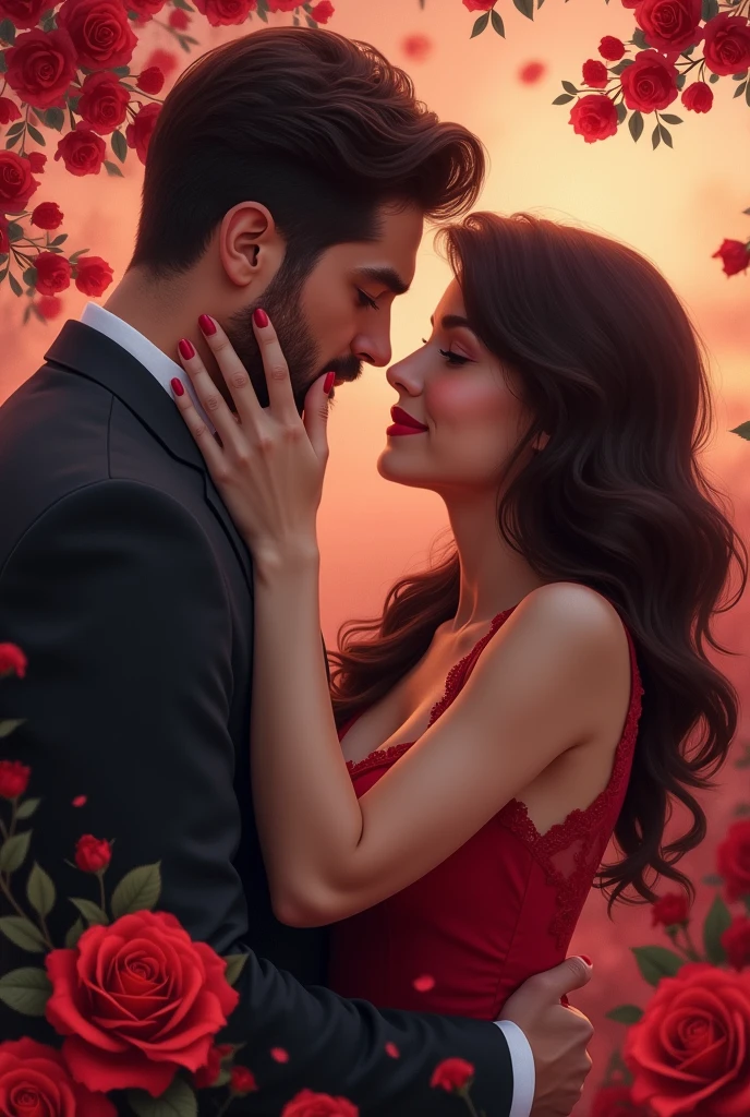 Create a cover for a romance ebook. The cover should feature a passionate couple without showing their faces, with the man gently holding the woman's face, set against a beautiful landscape of roses. "Ensure only the woman's nails are painted, and the man's nails are not shown or are unpainted."
