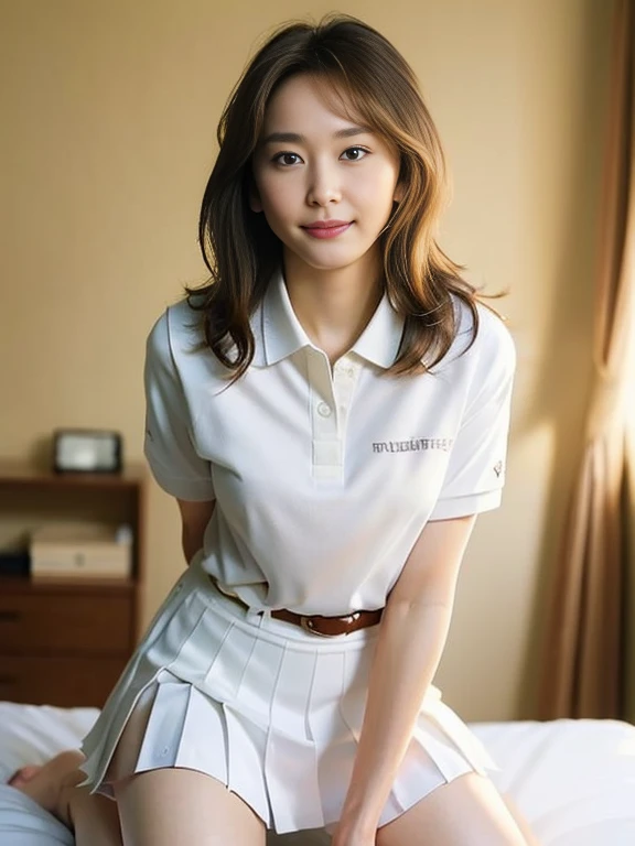 (Masterpiece, Best quality: 1.4), (Ultra realistic, Photo-realistic: 1.2), Full body, (kneeling: 1.3), Looking at viewer, Natural light, 28 years old actress, Japanese women, (arms behind back: 1.2), Neat and clean, ((Wearing white tennis uniform, White short-sleeve polo shirt with collar:1.2)), (unbutton:1.3), ((Wearing White tennis pleated skirt:1.2)), Wearing white sock, (ponytail: 1.2), Light brown hair color, (Beautiful Face), Oval face, clear, (Beautiful eyes, Kind eyes), (Clear skin), Small face, (Small mouth, Beautiful mouth), Natural makeup, Approachable, Hotel Suite room, On bed, (nsfw:1.1), Seductive smile, Seductive pose, Beautiful thighs, Touch pussy, Bedroom eyes, Spread legs,