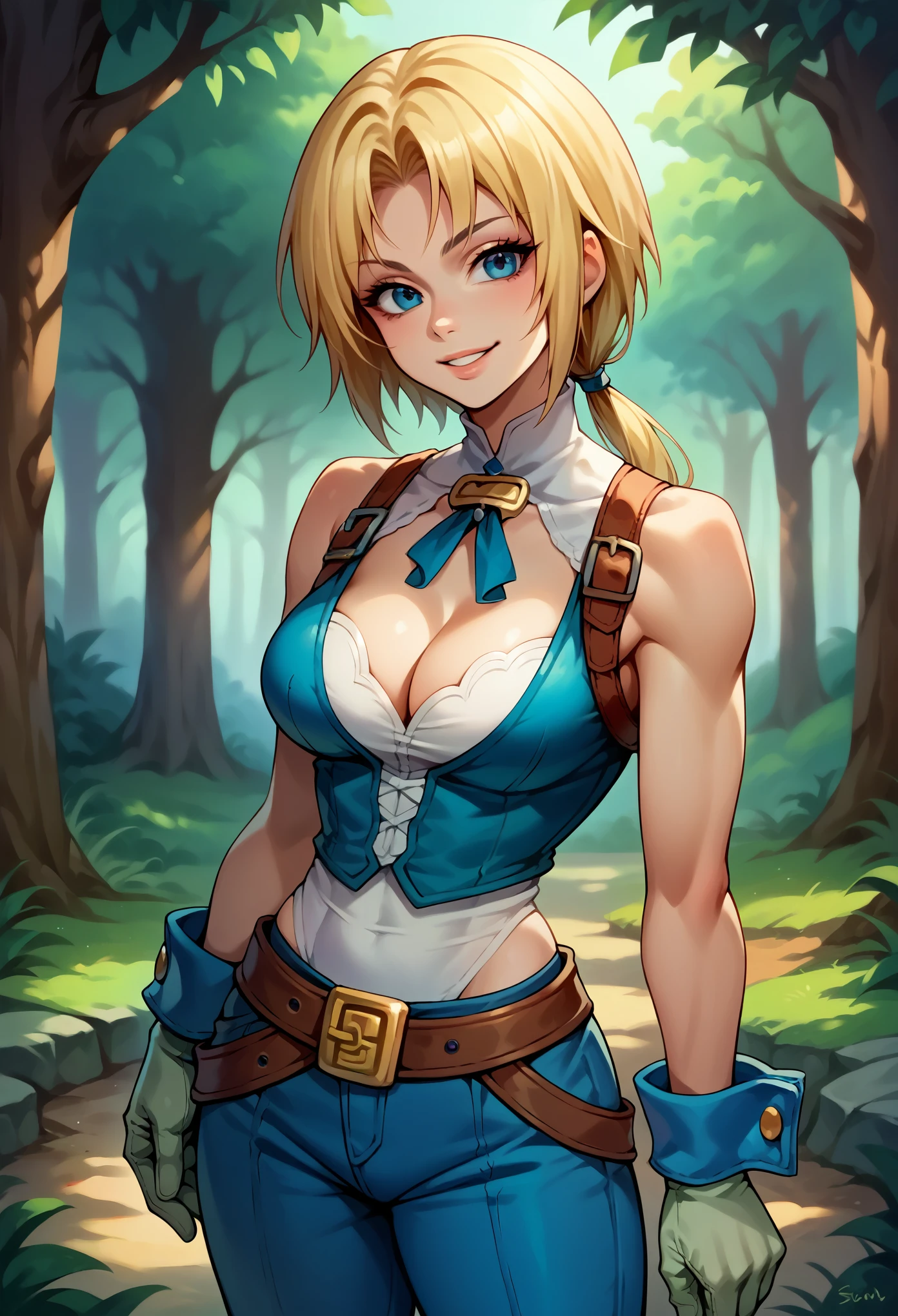 score_9, score_8_up, score_7_up, (female:1.5), 1girl solo, female focus, female body, skinny, zidane, blonde hair, medium hair, blue eyes, monkey tail, low ponytail, parted bangs, gloves, blue pants, standing,cleavage, seductived lips, smiling, looking at you, deep forest,