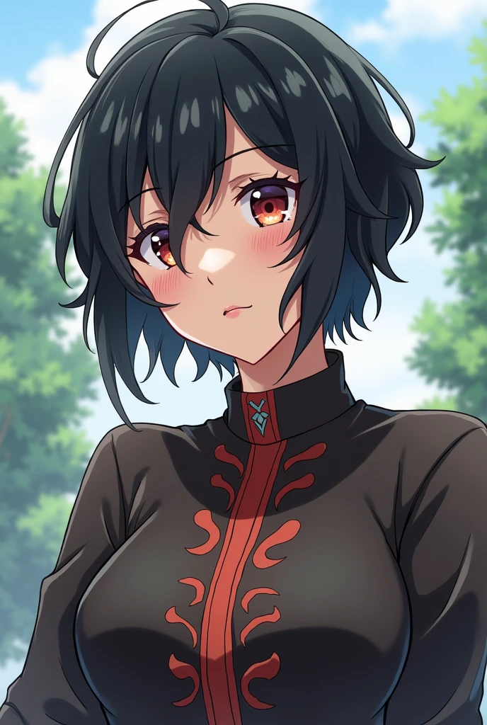Create two images, one full body and one half body, a female Oc from the anime Black Clover with short black hair, mixed race features, a curious and fun personality and very beautiful.