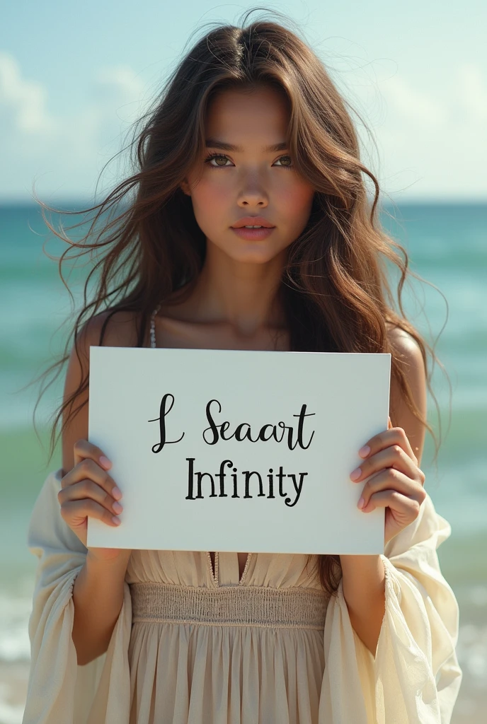 Beautiful girl with wavy long hair, bohemian dress, holding a white board with text "I Love Seaart Infinity" and showing it to the viewer