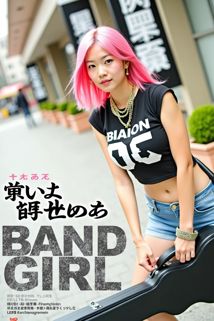(((女性の胸をとんでもないほどのBig Breastsに変更、The bag on the woman&#39;s left shoulder has been replaced with a large guitar case.、Slender curves、Big Breasts、Big Breasts、Big Breasts、Transcendent beauty、Whipped body)))、Poster layout for adult video, with text on screen: "BAND GIRL Shocking AV DEBUT!!", (((Japanese woman carrying a large black guitar case))), 26 year old adult woman wearing a black crew neck top with large English letters on her chest and short blue jeans posing for a photo, busty female porn actor, dynamic pose, model pose for rock music magazine, unimaginably beautiful woman with slender curves, Japanese female fashion model, (((very bright pink hair))), happy, thick chain jewelry around neck and arms, (((in front of a strip theater in Asakusa))), pure and beautiful smile, intelligent face, slender curves, big breasts, wearing a black t-shirt, a very small leather jacket, denim shorts, (((extreme low angle))), zero, building, carrying a black guitar case with a guitar strap attached,, (((DVD mark、Blu-ray mark)))、