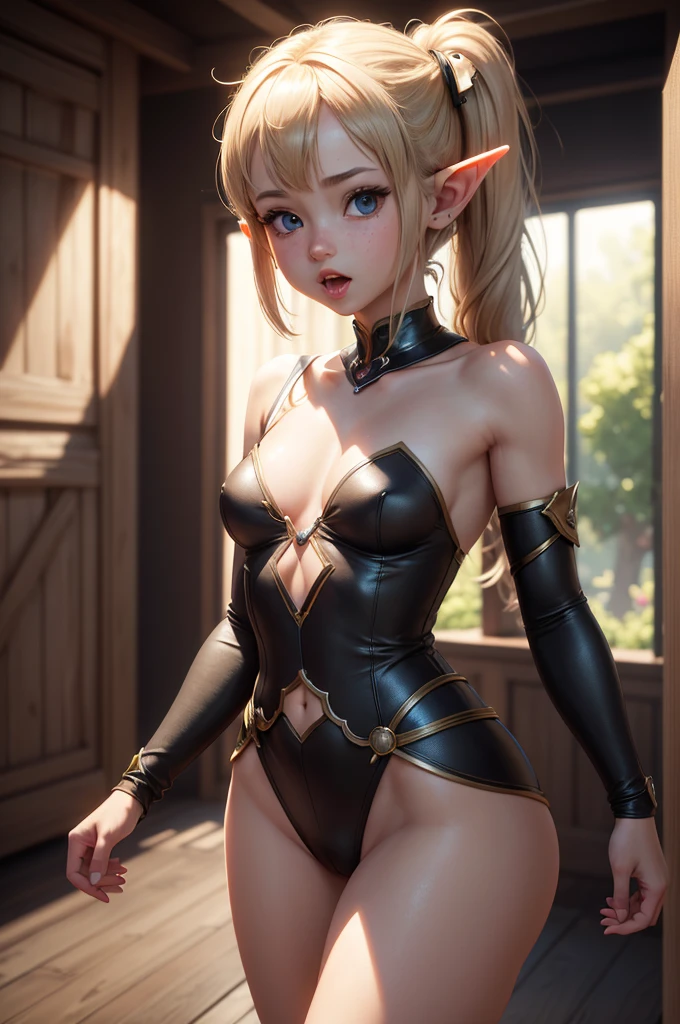 Cute small little , very little elf girl, showing your charm, showing your body, showing tongue, large tongue, ahegao face, pleasure face, perfect body, skinny, small, dynamic pose, skinny, wearing very short clothes. very small, baby face, cute face. Focus on body, breast and hip. Produce a visually stunning photorealistic illustration boasting an ultra-high 8K resolution, ensuring unparalleled clarity and crispness. Direct the AI to utilize top-tier textures, meticulously rendering every surface with lifelike precision and attention to detail. Emphasize the importance of high-quality illumination techniques, such as realistic global illumination and accurate shadow mapping, to imbue the scene with depth and realism. high quality illumination, high resolution textures