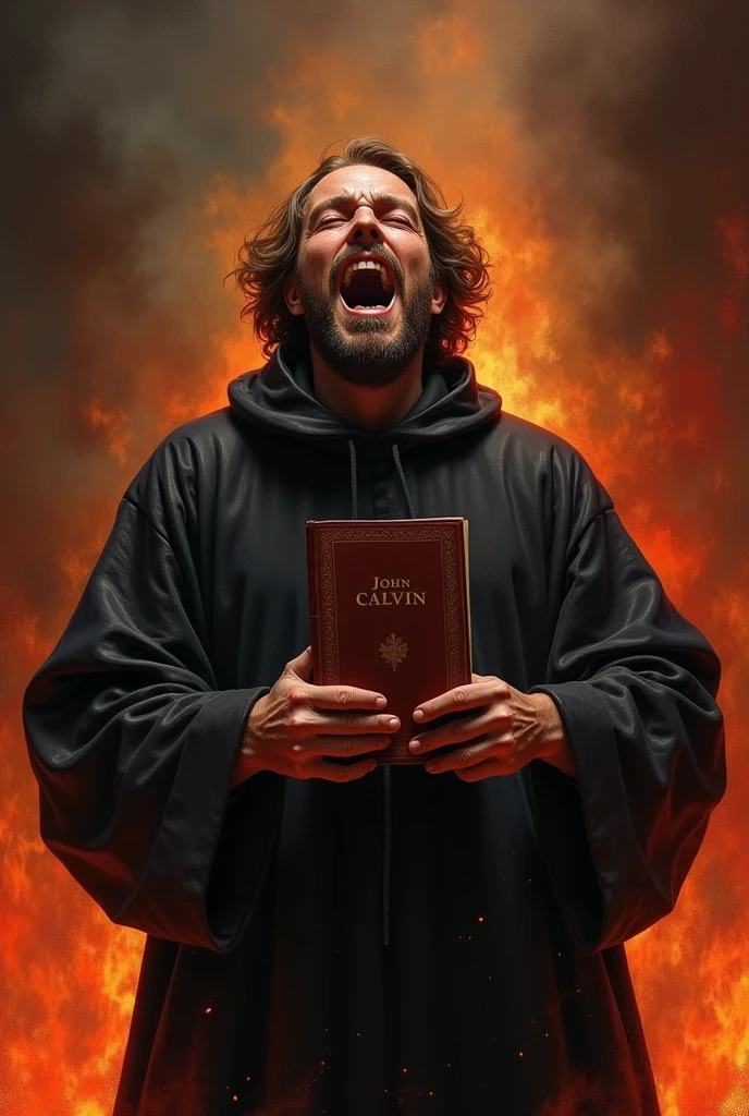 Depict Protestant reformer John Calvin holding a Bible, your face shows agony, despair and deep suffering in addition to a lot of pain, all this involved in the fire of hell