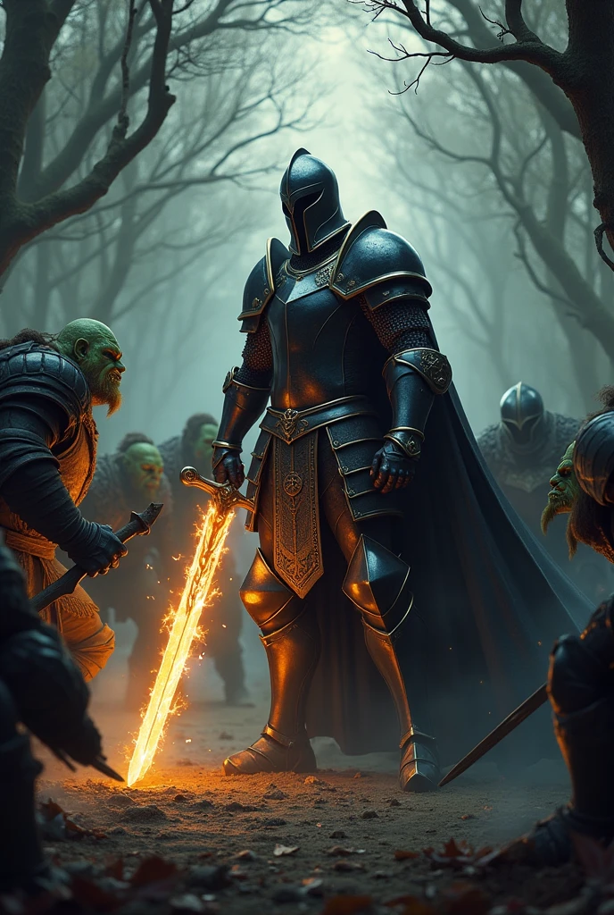 A medieval knight in shining black armor with a flaming sword in combat stance fighting with orcs who are wielding swords in a dark forest