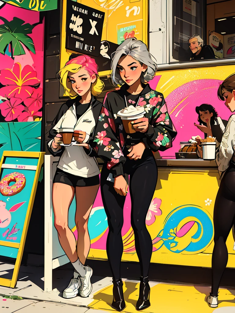 Create digital artwork in pop art style, Featuring vibrant and confident young german girls,Street fashion,, Surrounded by vintage floral motifs,in a coffee shop, Vivid brush strokes,Emotions must be dynamic, grayscales, Tropical, Many donuts