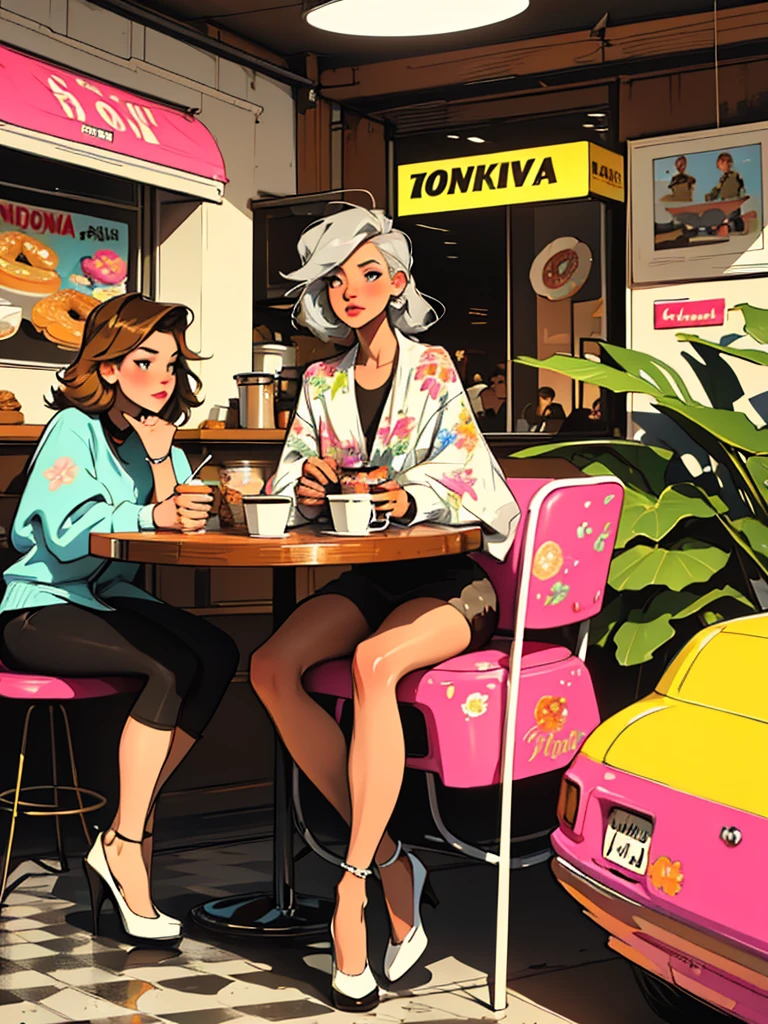 Create digital artwork in pop art style, Featuring vibrant and confident young german girls，Street fashion,, Surrounded by vintage floral motifs,in a coffee shop, Vivid brush strokes,Emotions must be dynamic, grayscales, Tropical, Many donuts 
