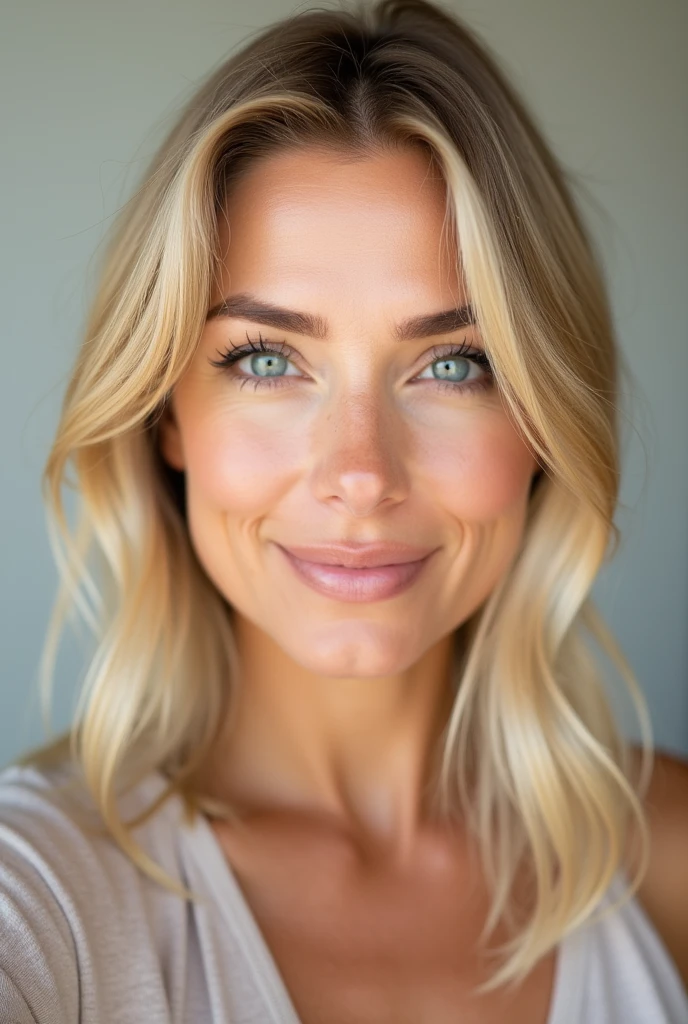 Blonde woman 40 years old with natural makeup selfie natural