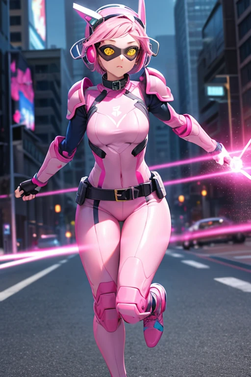 ((best quality)), ((masterpiece)), (detailed), 1 girl, full body, 20s, young adult, masked, pink biker helmet covers her entire head, biker helmet with blue headphones on the sides, flashlight on her forehead, short pink hair sprouting from her helmet, face, black collar, tall, slim, athletic, circles on her wrists, pink accents, black fingerless gloves, pink wrist guards, pink shoulder pads, nanotech speedster suit resembling light armor, blue chest with an emblem, blue breastplate, dark blue suit with pink lines, pink speed emblem on her chest, pink emblem, blue pants, grey knee pads, metallic pink boots, white superhero belt, running through the city, pink light trail, laser, city background, anime