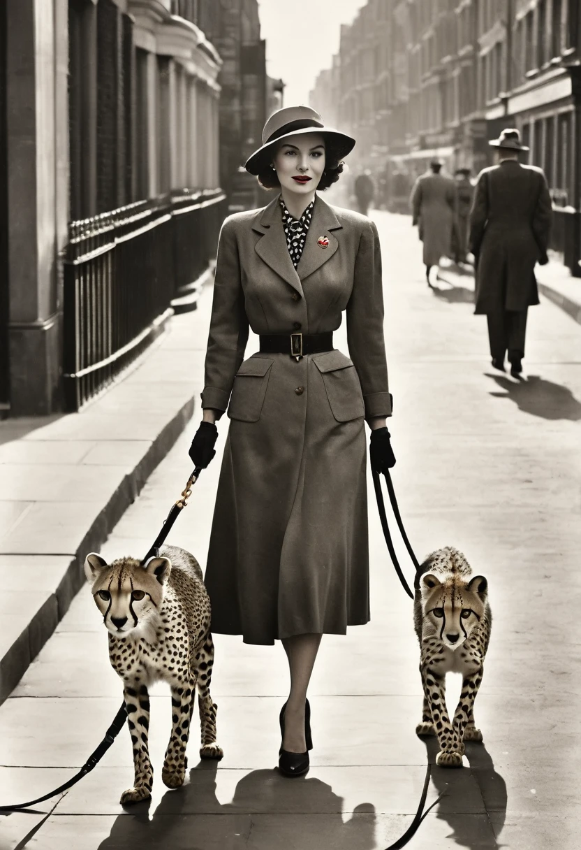 Woman walking a cheetah on a leash along the sidewalk, a portrait of Dean Ellis, Flickr, fine art, dressed like in the 1940s, Beautiful art, walking to work, inspirational art, 1940s, Photograph from 1940, in London, 1 9 5 0s style, photography from the 40s