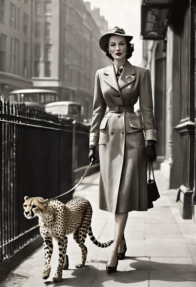 Woman walking a cheetah on a leash along the sidewalk, a portrait of Dean Ellis, Flickr, fine art, dressed like in the 1940s, Beautiful art, walking to work, inspirational art, 1940s, Photograph from 1940, in London, 1 9 5 0s style, photography from the 40s