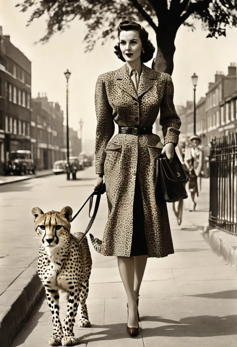 Woman walking a cheetah on a leash along the sidewalk, a portrait of Dean Ellis, Flickr, fine art, dressed like in the 1940s, Beautiful art, walking to work, inspirational art, 1940s, Photograph from 1940, in London, 1 9 5 0s style, photography from the 40s