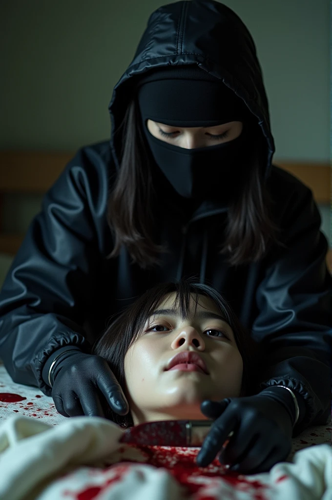 korean girl, (behind corpse, holding knife), balaclava, black gloves, room full of blood, black raincoat, hood up, holding knife, black gloves, woman on top, behind corpse, blood splatter, on the bed, mass murderer, killer, long bangs, blood splatter, dark atmosphere, cinematic lighting, atmospheric realistic, close-up,