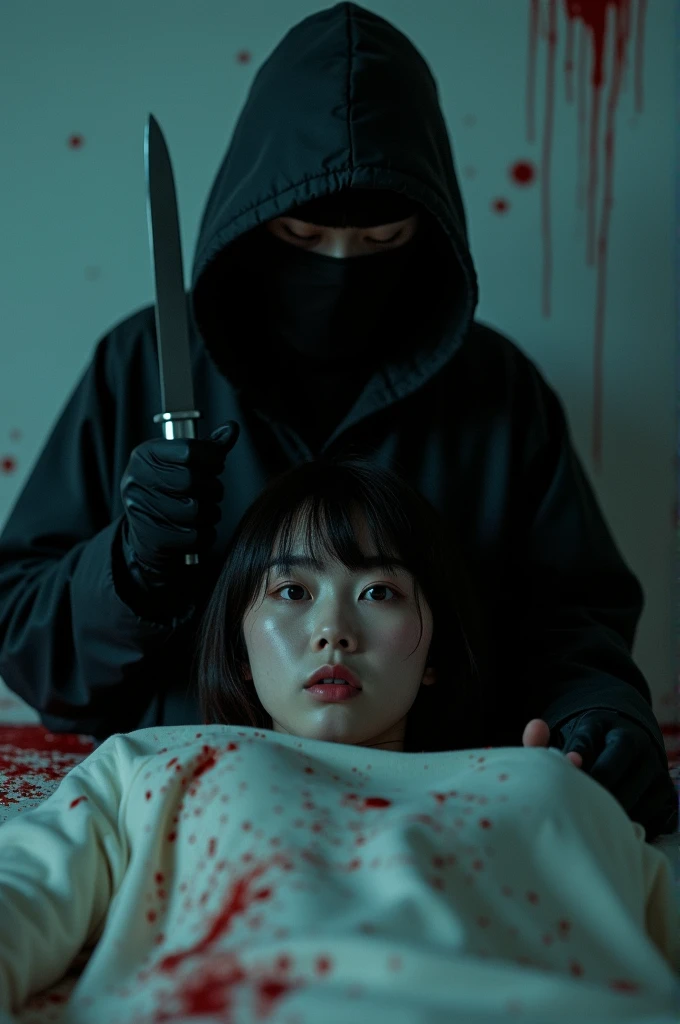 korean girl, (behind corpse, holding knife), balaclava, black gloves, room full of blood, black raincoat, hood up, holding knife, black gloves, woman on top, behind corpse, blood splatter, on the bed, mass murderer, killer, long bangs, blood splatter, dark atmosphere, cinematic lighting, atmospheric realistic, close-up,
