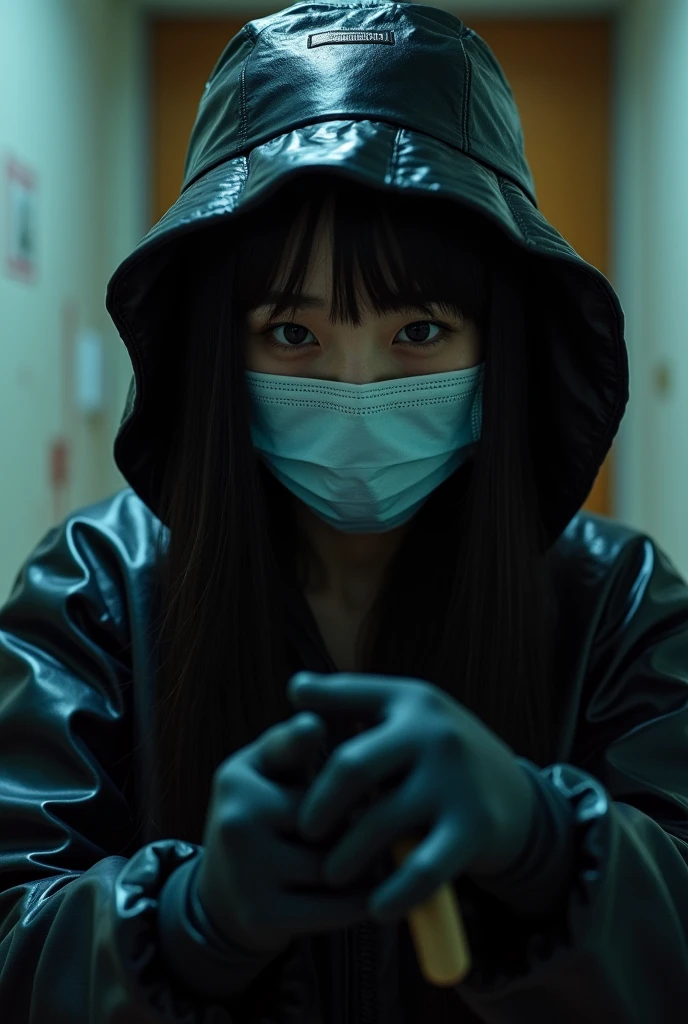korean girl, (behind corpse, surgical mask), holding knife, stabbing, black gloves, room full of blood, black raincoat, bucket hat, holding knife, black gloves, behind corpse, blood splatter, long bangs, in the hotel, black wet suit, night, mass murderer, killer, robbery, dark atmosphere, cinematic lighting, atmospheric realistic, close-up,