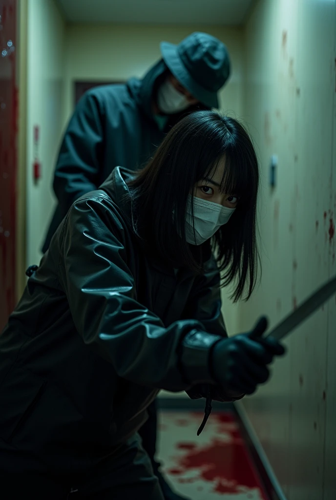 japanese girl, (behind corpse, surgical mask), holding knife, stabbing, black gloves, room full of blood, black trench coat, bucket hat, holding knife, black gloves, behind corpse, blood splatter, long bangs, black wet suit, night, mass murderer, robbery, dark atmosphere, cinematic lighting, atmospheric realistic,
