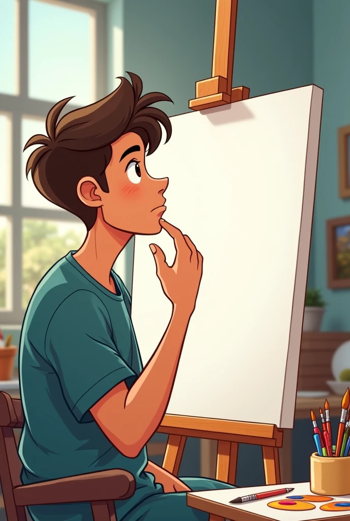 A male is thinking something before drawing on canvas cartoon image