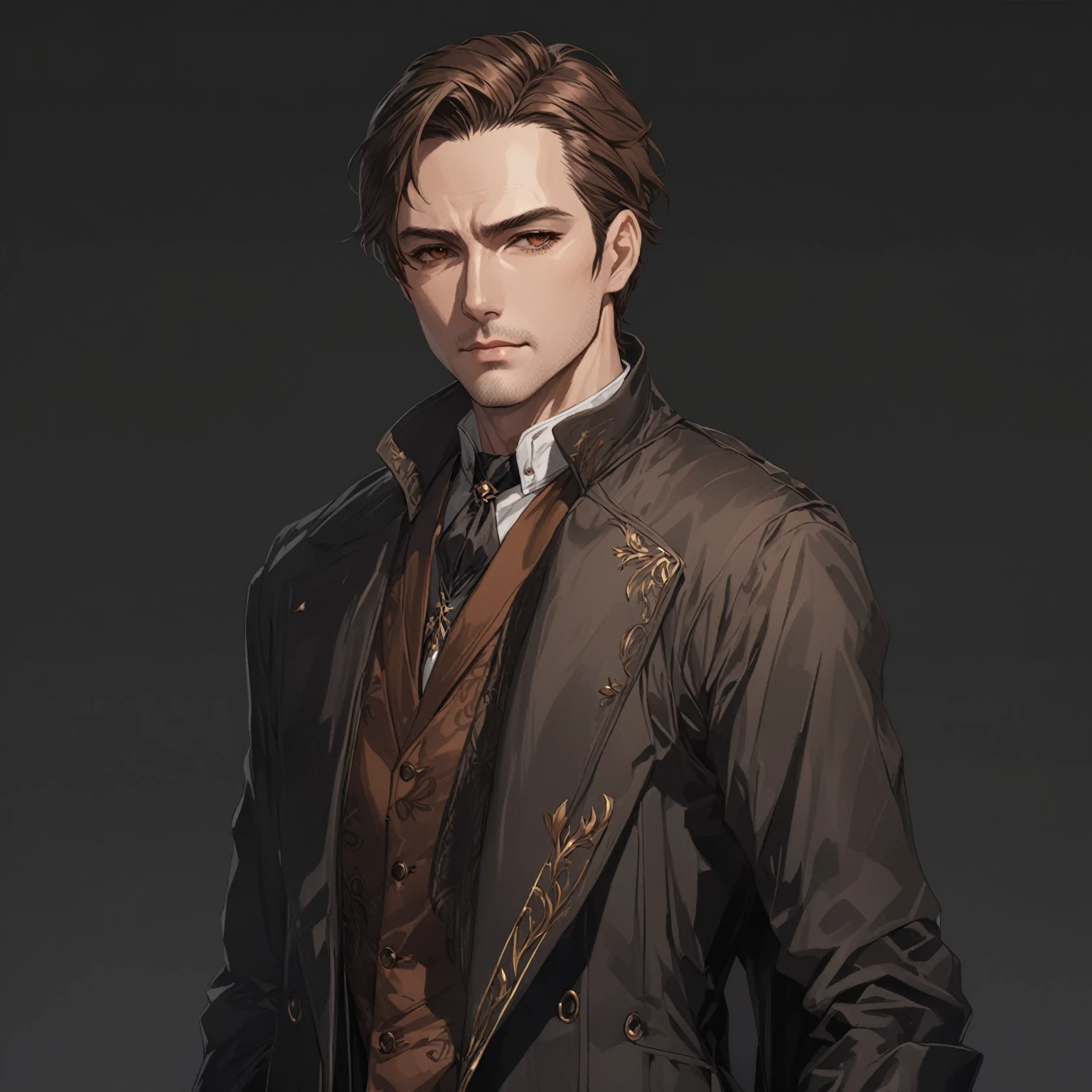 masterpiece, best quality, good quality, Highly detailed, shadowverse style, male, long coat, modern aesthetic, brown hair, brown eye, middle age