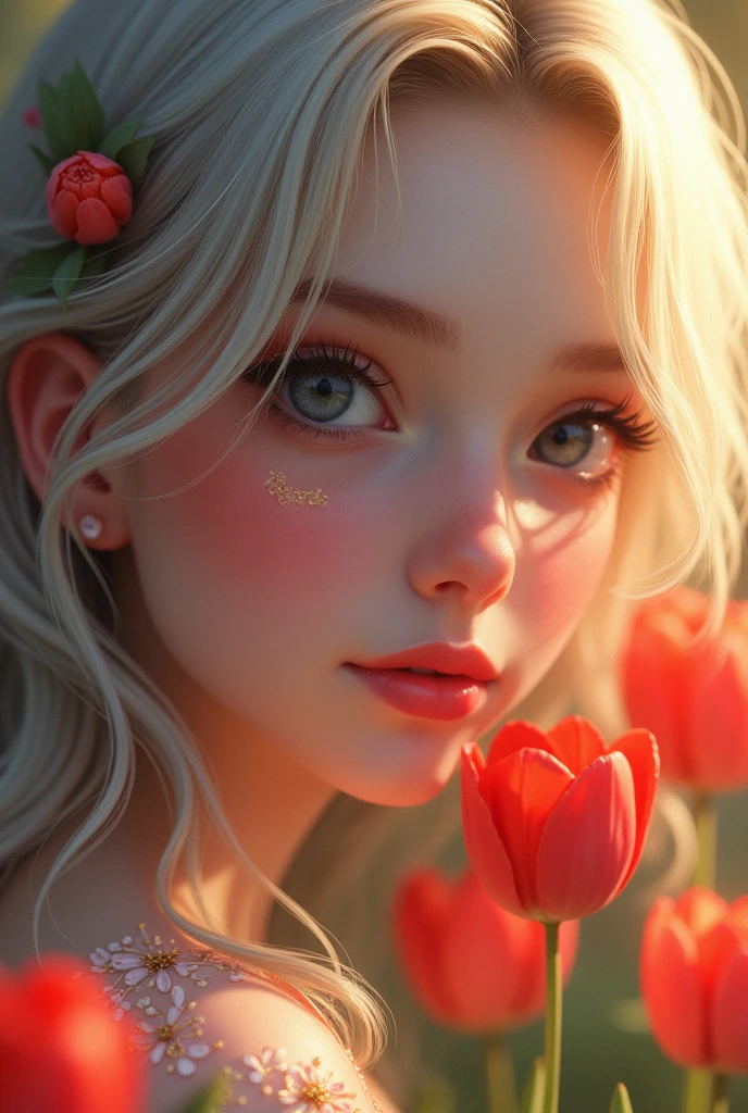 Exquisite girl，Black eyes，blond hair，tulip，Flowers，glowing jewelry，gorgeous，high resolution，极high resolution，wallpaper，Adding details，Clarity Enhancement，Detail Enhancement,Silver Hair,Divine Light