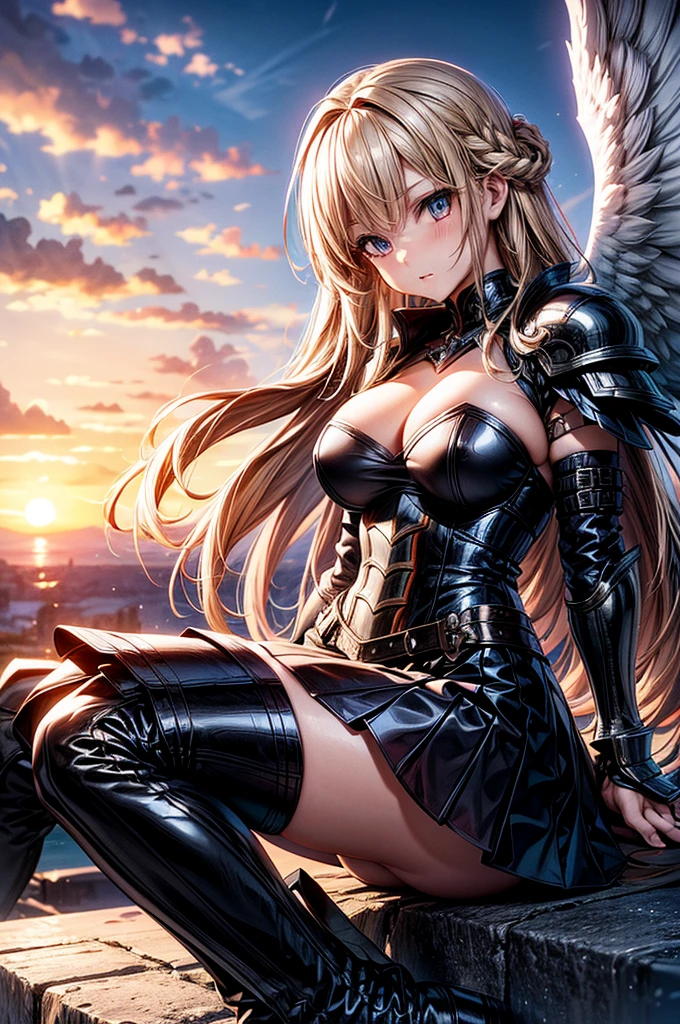 female archangel prepared for battle, an extremally beautiful warrior valkyre, ultra feminine, long hair, dark blonde hair, braided hair, wearing divine heavy armor, long leather boots, cleavage, big breasts, (white armor: 1.2), full plate armor, (angel wings: 1.2) spread, angel wings on both sides of her back, posing for a picture, full body, floating mid-air, sunset, 16k, RAW, ultra wide shot, photorealism, depth of field, hyper realistic, 2.5 rendering, ray tracing