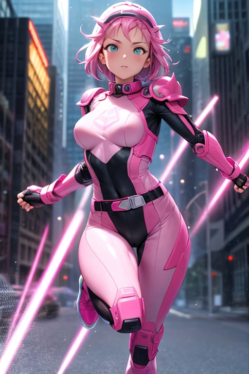 ((best quality)), ((masterpiece)), (detailed), 1 girl, full body, 20s, young adult, masked, pink biker helmet covers her entire head, biker helmet with blue headphones on the sides, flashlight on her forehead, short pink hair sprouting from her helmet, face, black collar, tall, slim, athletic, circles on her wrists, pink accents, black fingerless gloves, pink wrist guards, pink shoulder pads, nanotech speedster suit resembling light armor, blue chest with an emblem, blue breastplate, black suit with pink lines, pink speed emblem on her chest, pink emblem, blue pants, grey knee pads, metallic pink boots, white superhero belt, running through the city, pink light trail, laser, city background, anime