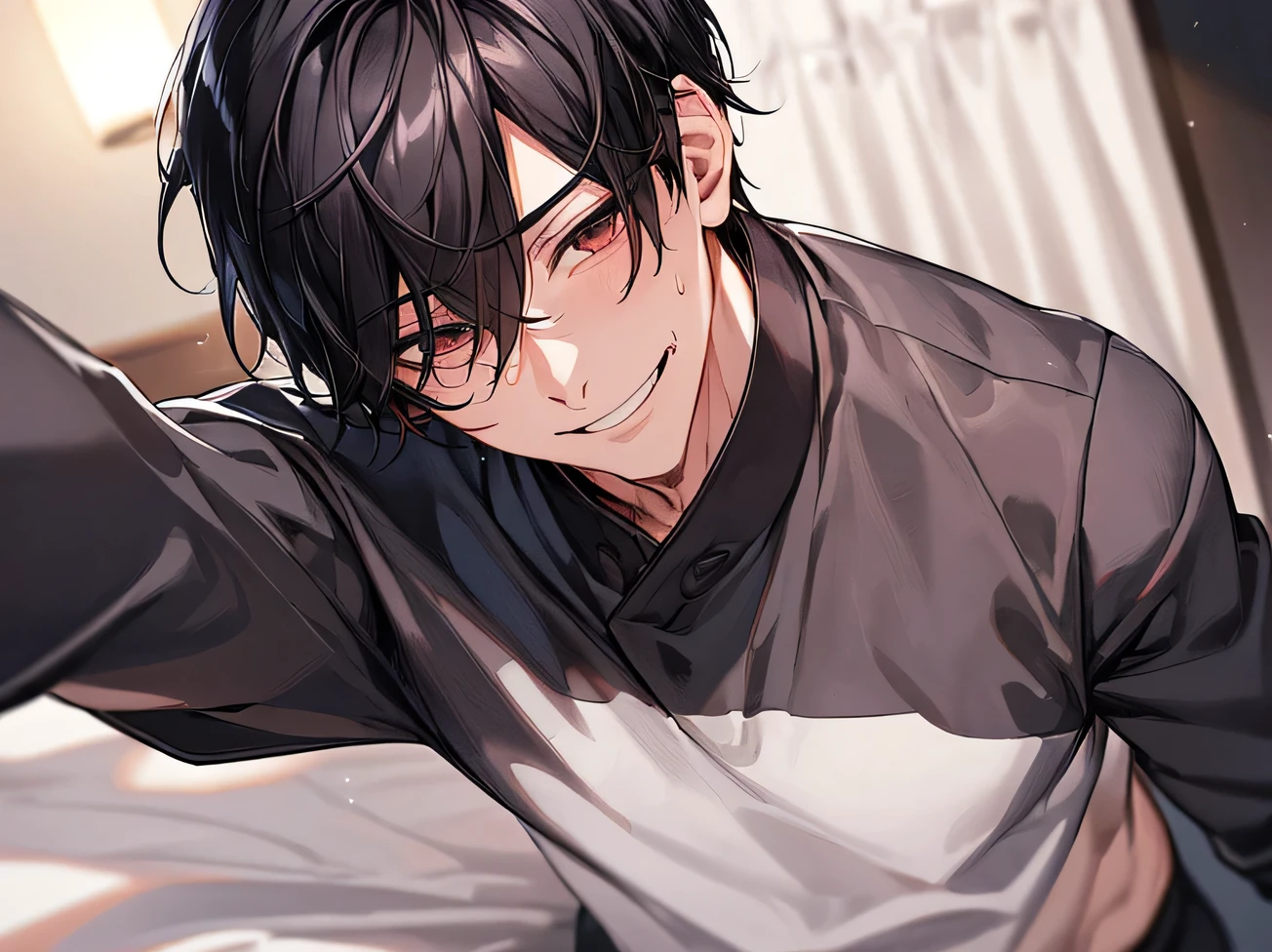 Working Adults.,male,good looking,Cool vibe,I,Black-haired,mash,dark mood(Masseter region,Viewer Perspective,Upper Body,Face close-up,push the viewer down,yandere,Sweat,Excited,smile,yandereな雰囲気,Stylish clothing,Night atmosphere,bed
