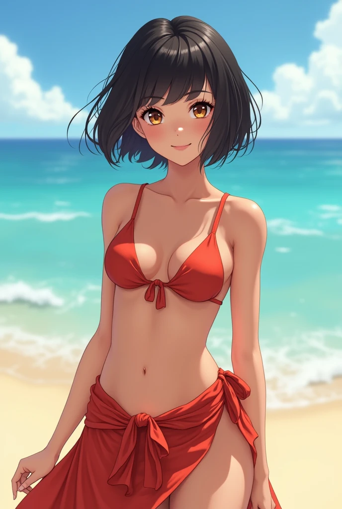 A photorealistic portrait of an 18-year-old girl smiles at the camera with short, black hair and radiant brown eyes, in a stylish bikini and wrap skirt perfect for a beach day, full body shot, 8k hdr, high detailed, lot of details, high quality, she should exude confidence and joy while playfully twirling on the sandy beach under the bright sun."